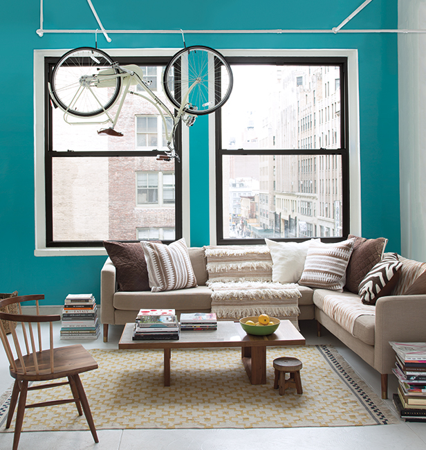 Apartment living room walls painted in the color aqua